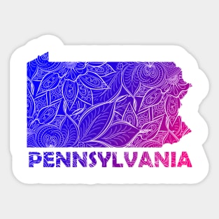 Colorful mandala art map of Pennsylvania with text in blue and violet Sticker